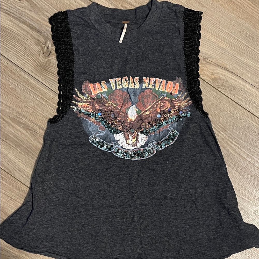 Free People Dark Gray Las Vegas Graphic Tank with Crochet Trim